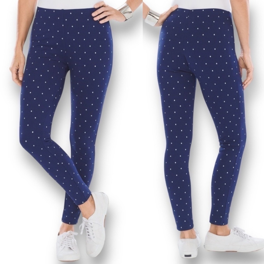 Chico's Navy Blue Polka Dot Ponte Leggings Pants Pull On Slim Stretch Size 8